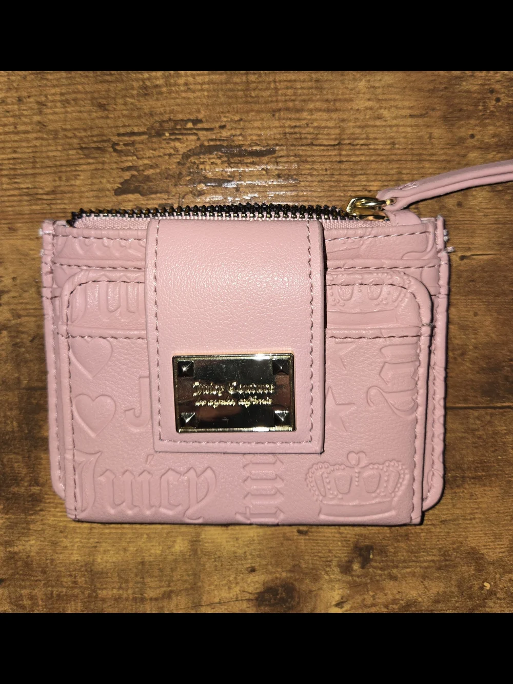 Juicy Couture Light Pink Embossed Leather Card Holder with Gold Plate